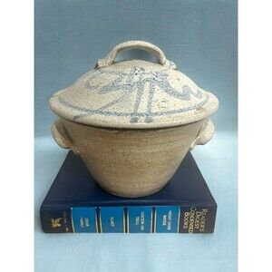 Studio Pottery Stoneware Covered Lid Dish Tureen Stamped S Blue Cream Oriental